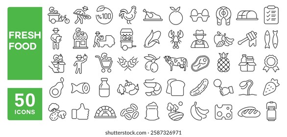 Set of 50 line icons related to fresh food, organic, farmer, superfood, vegetables, fruit, meat, bread, grocery, antioxidant, ecology, Editable stroke. Vector illustration