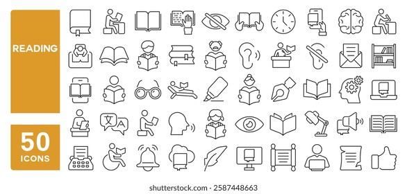 Set of 50 line icons related to reading, book, knowledge, information, culture, audio, library, braille, study, dictionary, archive, guide, reader, Editable stroke. Vector illustration