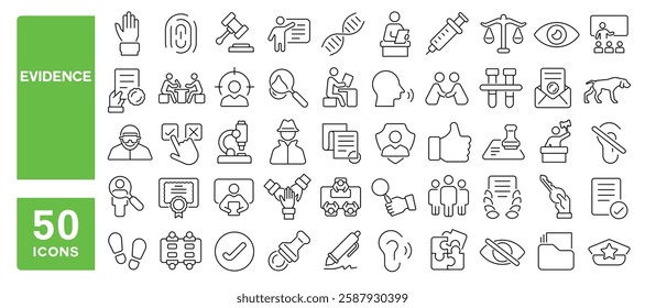 Set of 50 line icons related to evidence, criminal investigation, law, witness, legal, comparison, lab, justice, search, fingerprint, judgement, case, Editable stroke. Vector illustration