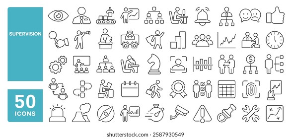 Set of 50 line icons related to supervision, supervisor, manager, workflow, process, review, quality, control, vision, progress, management, inspection, Editable stroke. Vector illustration