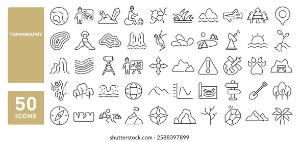 Set of 50 line icons related to topography, contour, pattern, land, mountain, globe, earth, plant, map, stump, rocks, fossil, depth, Editable stroke. Vector illustration