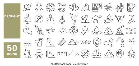 Set of 50 line icons related to drought, global warming, disaster, temperature, weather, environment, melting, less water, dry, desertification, Editable stroke. Vector illustration