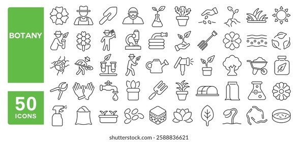 Set of 50 line icons related to botany, plant growing, science, floral, research, flower, garden, grass, rose, seed, soil, gardening, Editable stroke. Vector illustration