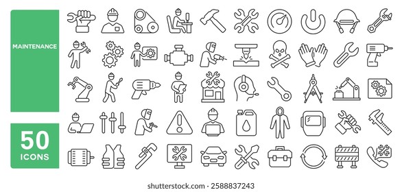 Set of 50 line icons related to maintenance, repair, labor, settings, toolbox, recovery, handyman, wrench, restore, replacement, mechanic, workshop, fix, Editable stroke. Vector illustration