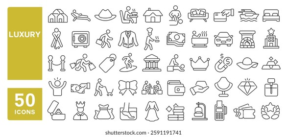Set of 50 line icons related to luxury, rich, gold, wealth, money, affluence, expensive, villa, car, yacht, diamond, luxurious, Editable stroke. Vector illustration