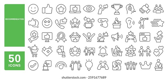 Set of 50 line icons related to recommendation, like, recommend, positive, admiration, appreciation, favorite, popular, satisfaction, thumbs up, Editable stroke. Vector illustration