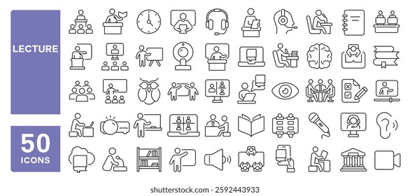 Set of 50 line icons related to lecture, teach, presentation, training, education, course, online, conference, session, audience, trainer, presenter, Editable stroke. Vector illustration