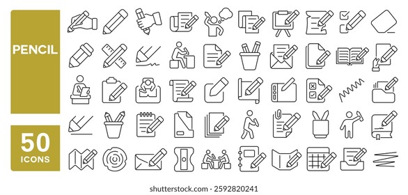 Set of 50 line icons related to pencil, write, script, compose, paper, scribble, handwriting, paper, draw, note, sign, signature, Editable stroke. Vector illustration