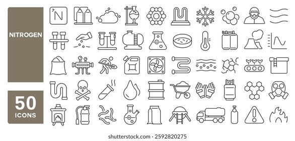 Set of 50 line icons related to nitrogen, gas, fertilizer, farming, cylinder, ammonia, lab, chemical, biology, manure, Editable stroke. Vector illustration