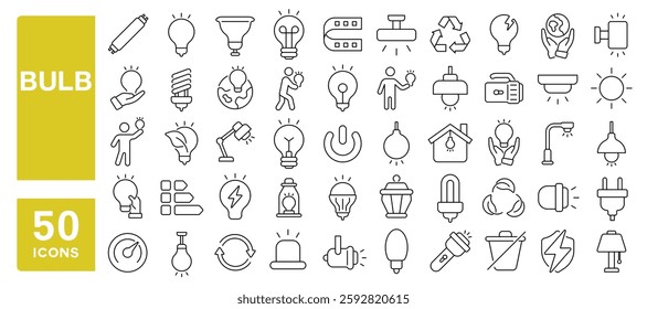 Set of 50 line icons related to bulb, lamp, light, glass, energy, electric, light bulb, halogen tube, fluorescent, stripe, illumination, Editable stroke. Vector illustration