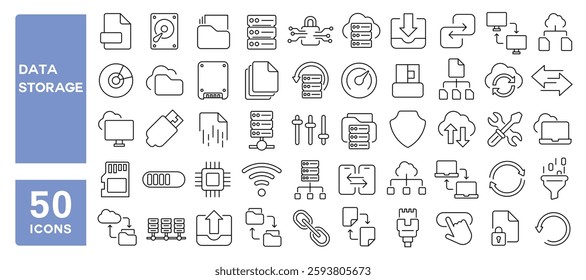 Set of 50 line icons related to data storage, hosting, protection, cloud, computing, database, storage, server, system, file, transfer, recovery, memory, drive, Editable stroke. Vector illustration