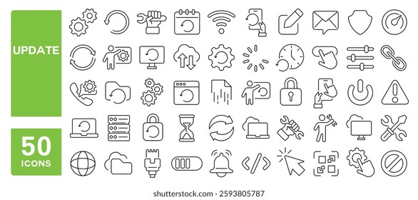 Set of 50 line icons related to update, system, setting, maintenance, software, edit, recovery, application, data, gear, technology, install, upgrade, version, Editable stroke. Vector illustration