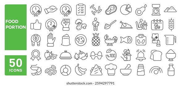 Set of 50 line icons related to food portion, portion, healthy, fruits, vegetables, dish, quantity, diet, carb, fat, veggies, protein, food guide, Editable stroke. Vector illustration