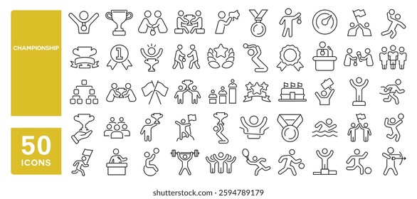 Set of 50 line icons related to championship, award, trophy, champion, win, sport, medal, competition, first place, prize, accolade, winner, Editable stroke. Vector illustration