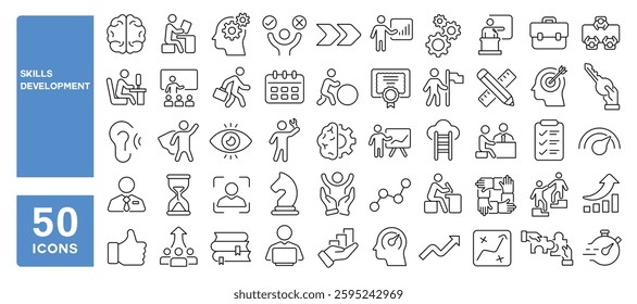 Set of 50 line icons related to skills development, growth, teamwork, hard work, soft skills, training, coaching, success, progress, self learn, Editable stroke. Vector illustration