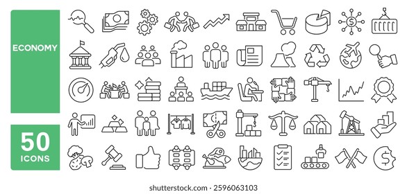 Set of 50 line icons related to economy, society, management, government, community, statistics, life quality, law, trade, investment, prices, Editable stroke. Vector illustration
