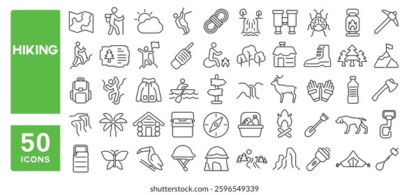 Set of 50 line icons related to hiking, walk, trail, trekking, adventure, camping, activity, hobby, outdoor, nature, campfire, Editable stroke. Vector illustration