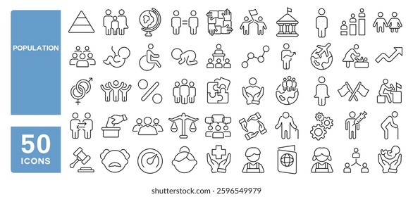 Set of 50 line icons related to population, citizens, people, community, demography, birth rate, life, inhabitant, residents, Editable stroke. Vector illustration