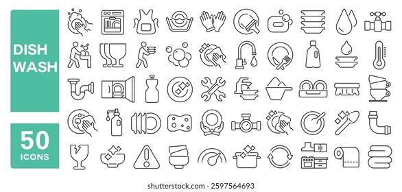 Set of 50 line icons related to dish wash, clean dishes, hygiene, plate, sponge, dishware, tap, foam, household, detergent, dishwasher, Editable stroke. Vector illustration