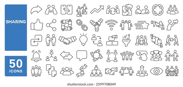Set of 50 line icons related to sharing, online, community, network, helping, people, friendship, donate, trust, sociability, share, Editable stroke. Vector illustration