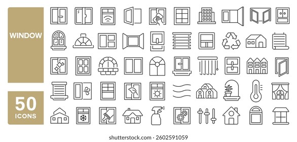 Set of 50 line icons related to window, windowpane, curtain, roller, window frame, interior window, exterior window, facade, building windows, Editable stroke. Vector illustration