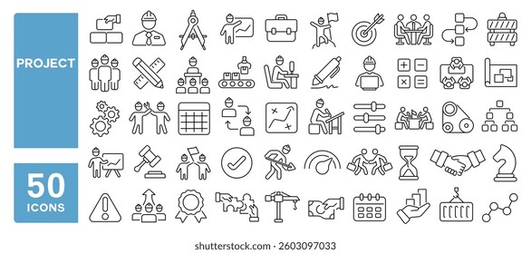 Set of 50 line icons related to project, production, engineers, process, workflow, founding, management, construction, plan design, business model, Editable stroke. Vector illustration