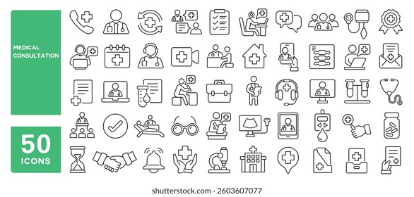 Set of 50 line icons related to medical consultation, online doctor, digital healthcare, prescription, checkup appointment, clinic booking, telemedicine, Editable stroke. Vector illustration