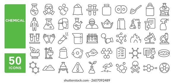 Set of 50 line icons related to chemical, laboratory, chemistry, toxic, science, mask, microscope, flask, molecular, process, reaction, Editable stroke. Vector illustration