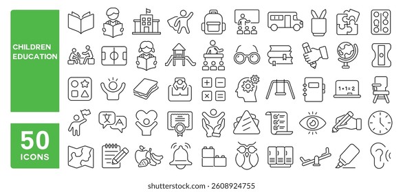 Set of 50 line icons related to children education, child development, kids activity, early learning, child skills, school, kindergarten, Editable stroke. Vector illustration