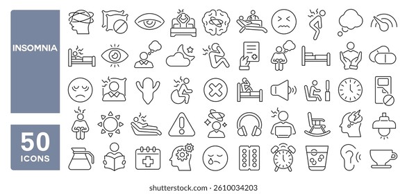 Set of 50 line icons related to insomnia, sleepless, overthinking, awake, stress, disorder, anxiety, sleep problems, Editable stroke. Vector illustration