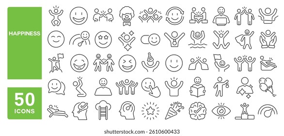 Set of 50 line icons related to happiness, laugh, joy, happy, satisfaction, cheer, optimism, fun, celebration, enjoy, smile, Editable stroke. Vector illustration