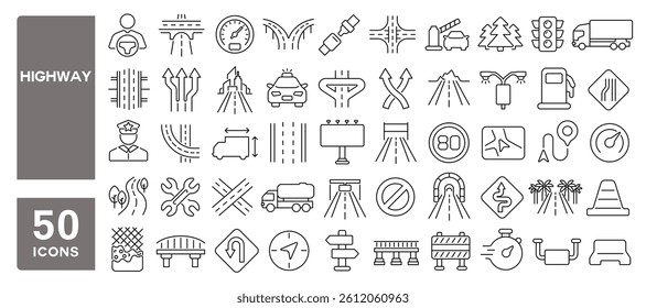 Set of 50 line icons related to highway, tunnel, bridge, road, bypass, direction, traffic, roadside, route, roadway, motorway, Editable stroke. Vector illustration