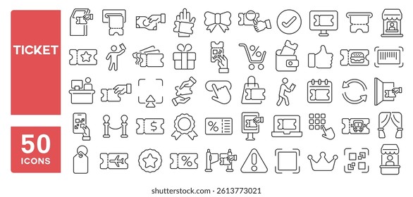 Set of 50 line icons related to ticket, pass, event, vip, qr code, permission, coupon, offer, ticket machine, Editable stroke. Vector illustration