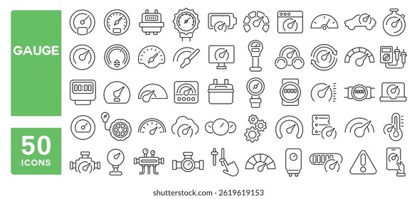 Set of 50 line icons related to gauge, meter, indicator, boost, dashboard, performance, barometer, tachometer, speedometer, Editable stroke. Vector illustration
