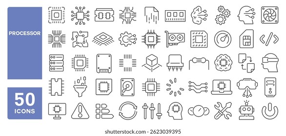 Set of 50 line icons related to processor, circuit, cpu, capacity, electronic, board, tech, chip, Editable stroke. Vector illustration