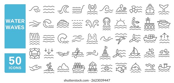 Set of 50 line icons related to water waves, ripple, splash, flow, sea, river, swirl, stream, wavy, Editable stroke. Vector illustration