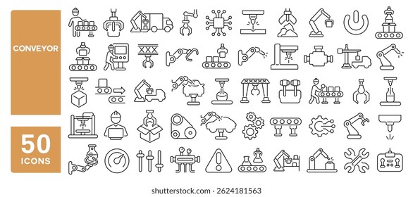 Conjunto de 50 ícones de linha relacionados ao transportador, maquinário, produção em massa, fabricação, automatizado, produção, transporte, curso editável. Ilustração vetorial