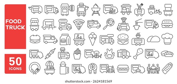 Set of 50 line icons related to food truck, street food, cart, food trailer, takeaway, sandwich, meal, Editable stroke. Vector illustration