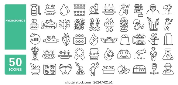 Set of 50 line icons related to hydroponics, greenhouse, plant grow, organic farm, hydro cycle, hydroponic, Editable stroke. Vector illustration