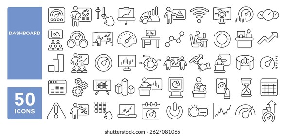 Set of 50 line icons related to dashboard, analytics, speedometer, presentation, graph, statistics, productivity, Editable stroke. Vector illustration