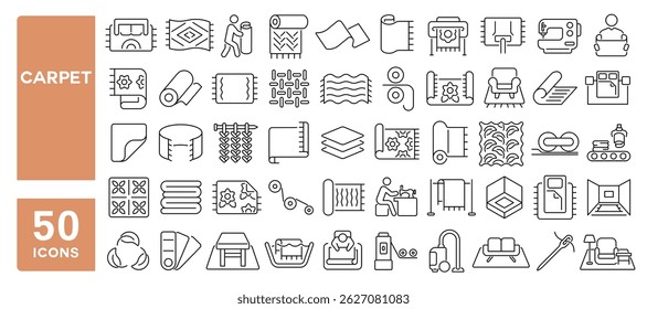 Set of 50 line icons related to carpet, rug, ornate, mat, floor cover, rolled carpet, Editable stroke. Vector illustration