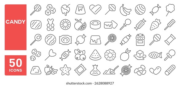 Conjunto de 50 ícones de linha relacionados a doces, pirulito, doces, açúcar, caramelo, geleia, pirulito, Aperfeiçoamento de Pessoal. Ilustração vetorial