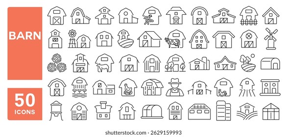 Set of 50 line icons related to barn, stable, shed, silo, hangar, paddock, ranch, farm, Editable stroke. Vector illustration