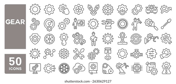 Set of 50 line icons related to gear, cogwheel, engine, mechanical, setting, repair, mechanism, Editable stroke. Vector illustration