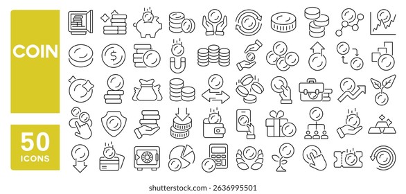 Set of 50 line icons related to coin, money, treasure, cent, metal coin, savings, coins, Editable stroke. Vector illustration