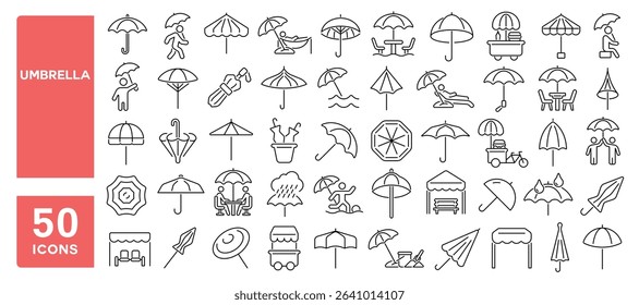Set of 50 line icons related to umbrella, sun shade, beach, folding umbrella, rain umbrella, Editable stroke. Vector illustration