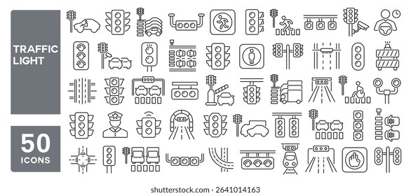Set of 50 line icons related to traffic light, control, signal, spotlight, road, regulation, traffic, Editable stroke. Vector illustration