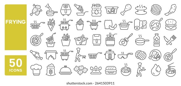 Set of 50 line icons related to frying, air fryer, french fries, frying pan, fried food, fried chicken, Editable stroke. Vector illustration