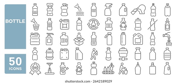 Set of 50 line icons related to bottle, plastic bottle, liquid, water bottles, Editable stroke. Vector illustration