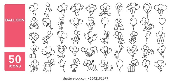 Set of 50 line icons related to balloon, blow, helium, decorative, balloon, balloons, Editable stroke. Vector illustration
